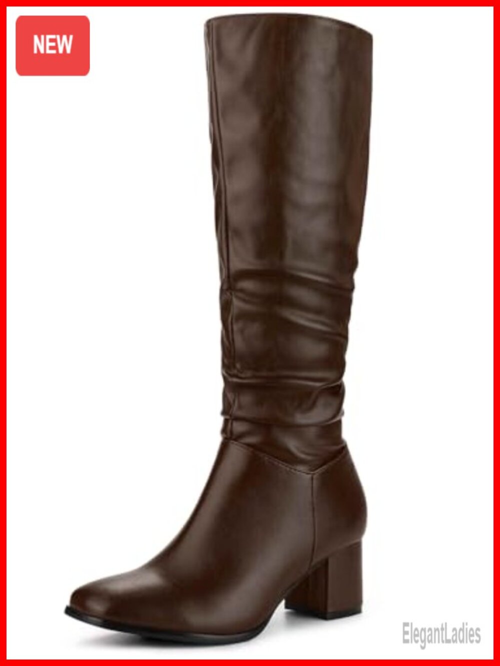 Faux Leather Square Toe Chunky Heel Knee High Dress Boots Women